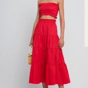 New! Kourt Ellery Two-Piece Set in Red, strapless crop top and tiered maxi skirt